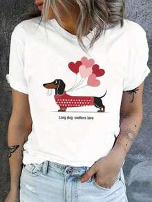 100% Cotton Dachshund Dog Balloons Endless Love Print T-Shirt, Short Sleeve Crew Neck Casual Summer And Spring Clothing, Women's - 白色 - 查看 1
