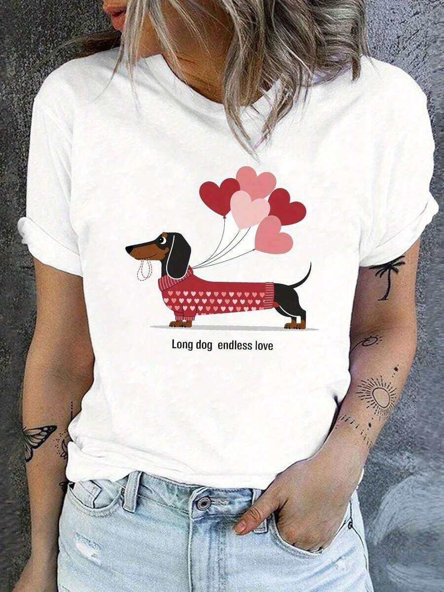 100% Cotton Dachshund Dog Balloons Endless Love Print T-Shirt, Short Sleeve Crew Neck Casual Summer And Spring Clothing, Women's - 白色 - 查看 1