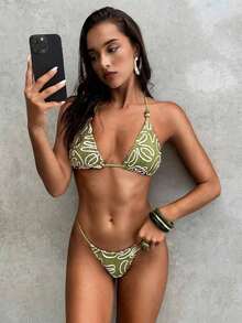 Conjunto de bikini con estampado de teñido anudado para mujer, traje de baño de mujer con decoración de concha iridiscente sexy para fiestas y festivales de música, atuendo de playa de vacaciones para mujer - Verde - Ver 6
