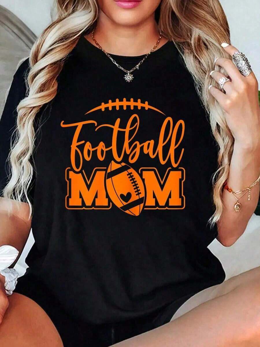 100% Cotton High School Football Mom T-Shirt In Black And Orange For Game Day, Women's Outfits - Black - View 1