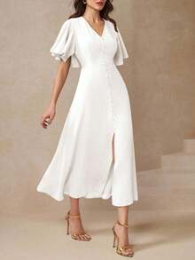Vestido con abertura en el muslo, mangas de mariposa y botones delanteros para mujer - Blanco - Ver 3