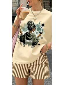 Camiseta de manga corta con estampado de moda estilo Ins, modelo básico (los pantalones son solo sugerencias de estilo), corte holgado y relajado que no requiere ser alto ni delgado, sencilla y elegante, pero nunca pasa de moda. La tela es ligera y transpirable, y resulta refrescante y cómoda de llevar en verano. El adorno de impresión personalizada de moda no es monótono. Es adecuado para el ocio diario, para uso entre amigas y para el hogar, además de ser económico y versátil. - Beis - Ver 7