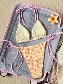 Conjunto de bikini de 2 piezas con estampado floral diminuto y escote halter para vacaciones y playa - Multicolor 6 - Ver 6