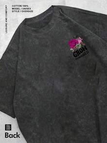 Camiseta estampado esqueleto y flores Having Grown Up 230g algodón lavado corte regular top casual manga corta cuello redondo ideal para verano ropa de calle a la moda lavable a máquina playeras de hombre camiseta de mujer nacional envio - Negro - Ver 2