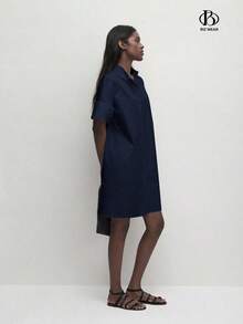 Vestido de algodón holgado de unicolor con cuello alto y botones delanteros para mujer, estilo minimalista básico para uso diario, ir al trabajo, vestimenta casual de negocios y atuendo de oficina - Azul marino - Ver 5