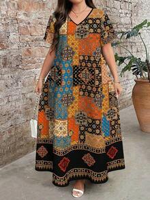 Plus Size Women's Retro Floral Print V-Neck Short Sleeve Maxi Dress, Elegant Summer Holiday Dresses - 彩色 - 查看 1