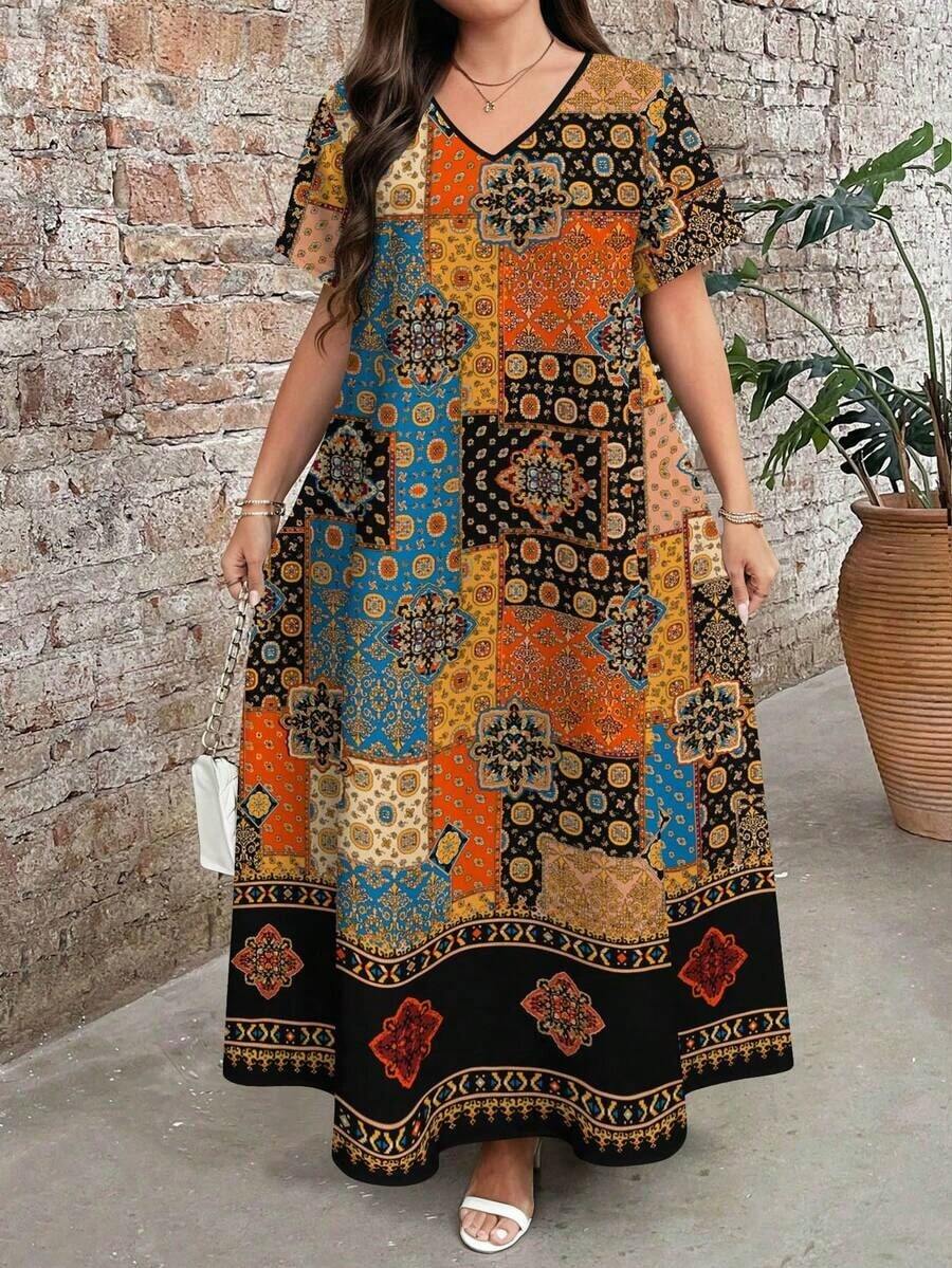 Plus Size Women's Retro Floral Print V-Neck Short Sleeve Maxi Dress, Elegant Summer Holiday Dresses - 彩色 - 查看 1