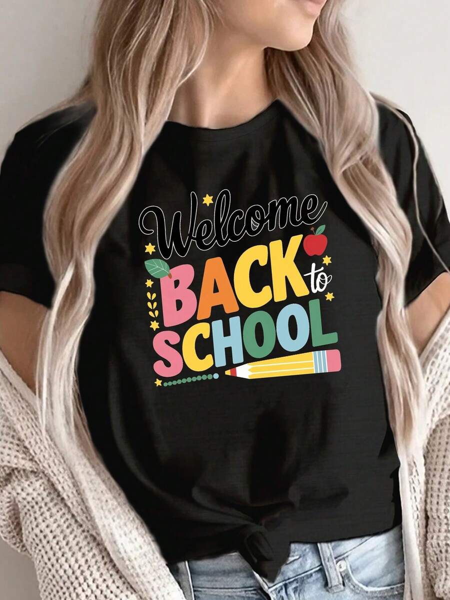 Camiseta de manga corta para mujer con estampado de manzanas y lápices para la temporada de regreso a clases, nueva, versátil, casual, de corte ajustado para el verano. - Negro - Ver 1