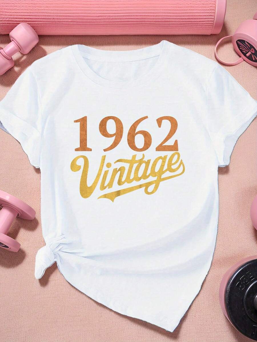 Camiseta Vintage de 1962 para Mujer de Talla, Cuello Redondo Casual de Manga Corta con Patrón Geométrico, Tejido de Punto% Poliéster, Uso para Todas las Estaciones, Camisetas para Damas - Blanco - Ver 1