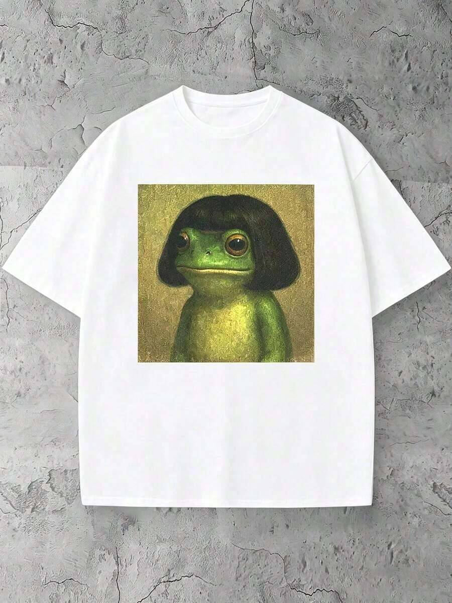 Camiseta de manga corta con cuello redondo y estampado divertido de rana, de estilo casual para mujer, para el verano - Blanco - Ver 1