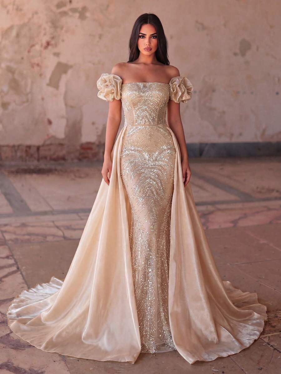 Faeriesty Đầm dạ hội nữ hở vai, đính sequin lấp lánh, dáng đuôi cá, tà dài thướt tha, thiết kế buộc dây phía sau, thích hợp cho tiệc chiêu đãi, tiệc thời trang, lễ kỷ niệm, các dịp lễ trang trọng và đám cưới. - Rượu sâm banh - Xem 1
