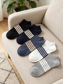 5 đôi tất nam kẻ sọc cổ thấp, thoáng khí, làm từ cotton, thích hợp cho thể thao và thường ngày, chống trơn trượt. - Nhiều màu - Xem 2