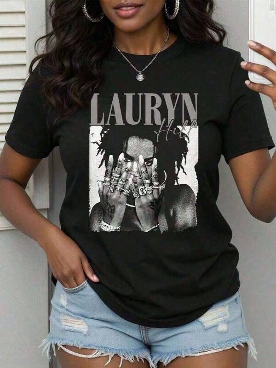 Camiseta unisex de manga corta, conAnilloEncendidoMano-MujeresCamiseta/LaurenColina/LetraImpresión/VintageCamiseta/MujerInformalSueltoRedondoCuelloTop/PrimaveraYVerano-NicheGraffitiImpresionesCamisetashombre, , , Dazymujer,romwehombres, bohochic,maestrasregalos,camisetaparaconjuntos de mujercon curvasparamu,y2k, - Negro - Ver 1
