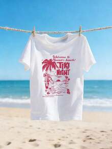 ropa de mujer Casual Simple Camiseta de Algodón Puro con Estampado de Playa Hawaiana Estilo Vacacional con Eslogan Cuello Redondo Manga Corta Primavera y Verano Nueva Camiseta de Manga Corta camisas de mujer - Blanco - Ver 2