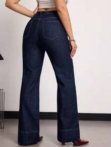Tall Jeans de tiro alto, de pierna ancha y holgados, con bolsillos, versátiles, para uso casual en verano y primavera, elegantes para bodas y el Día de San Valentín - Azul lavado oscuro - Ver 2