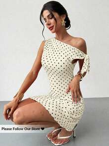 Vestido mini de vacaciones nuevo de verano para mujer, con estilo retro clásico, lunares asimétricos y hombros descubiertos, sexy y elegante. Vestido de lunares de malla - Amarillo - Ver 10