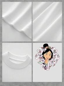Ilustración de una mujer misteriosa rodeada de flores de cerezo que simbolizan elegancia, renovación y fortaleza espiritual camiseta de mujer  cómoda y suave ideal para uso diario casual - Blanco - Ver 4