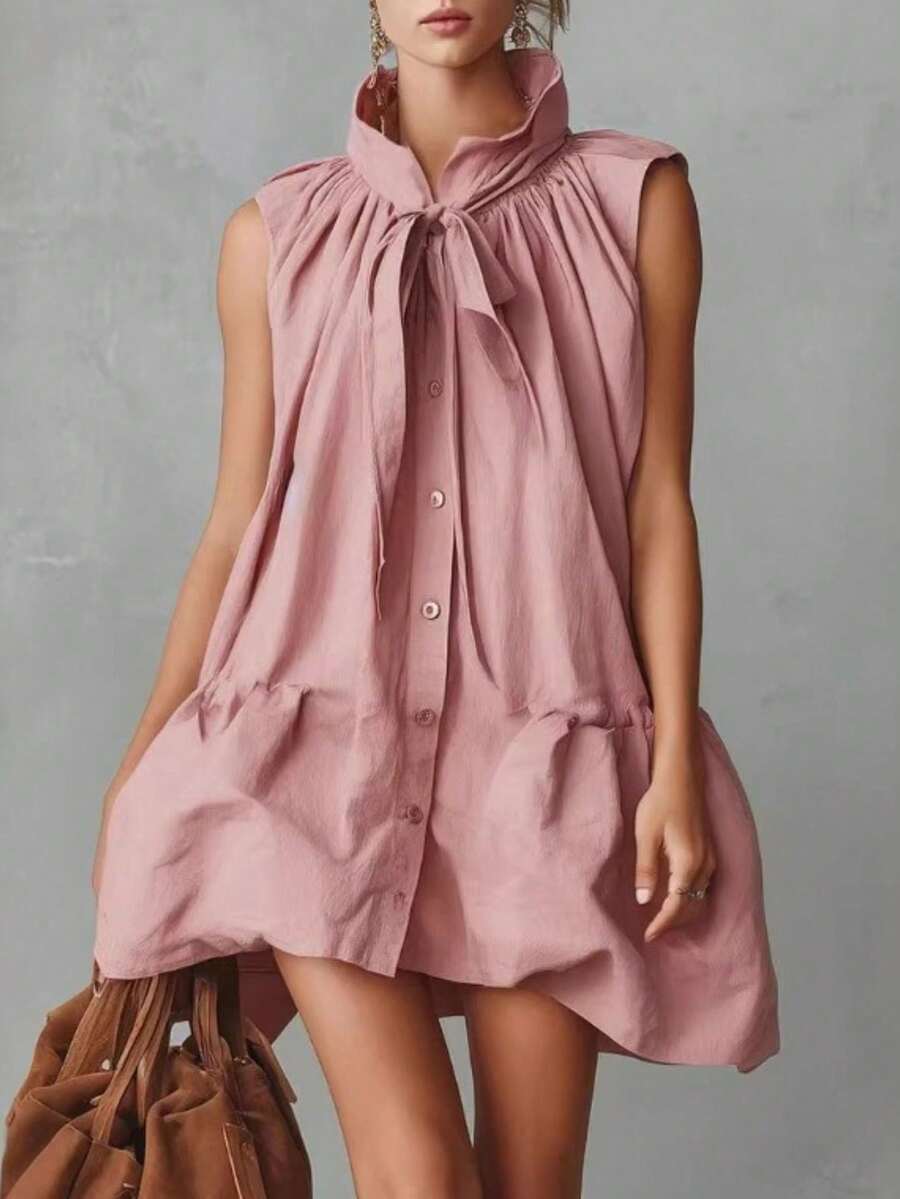Elegante y retro Resort frente al cuello abrochado minifalda de algodón rosa y lino con borde de burbuja - Rosa - Ver 1