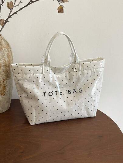 Minimalist Letter Print Polka Dot Large Capacity Tote Bag | Fresh Transparent Silhouette With Polka Dot Print + Letter Branding, Inherent Refreshing Vibe, Comfortable Wide Handles, Large Main Compartment Fits Laptop, Books, Umbrella, Daily Essentials, Suitable For Commuting, School, Travel, Shopping, Essential For Students And Office Workers