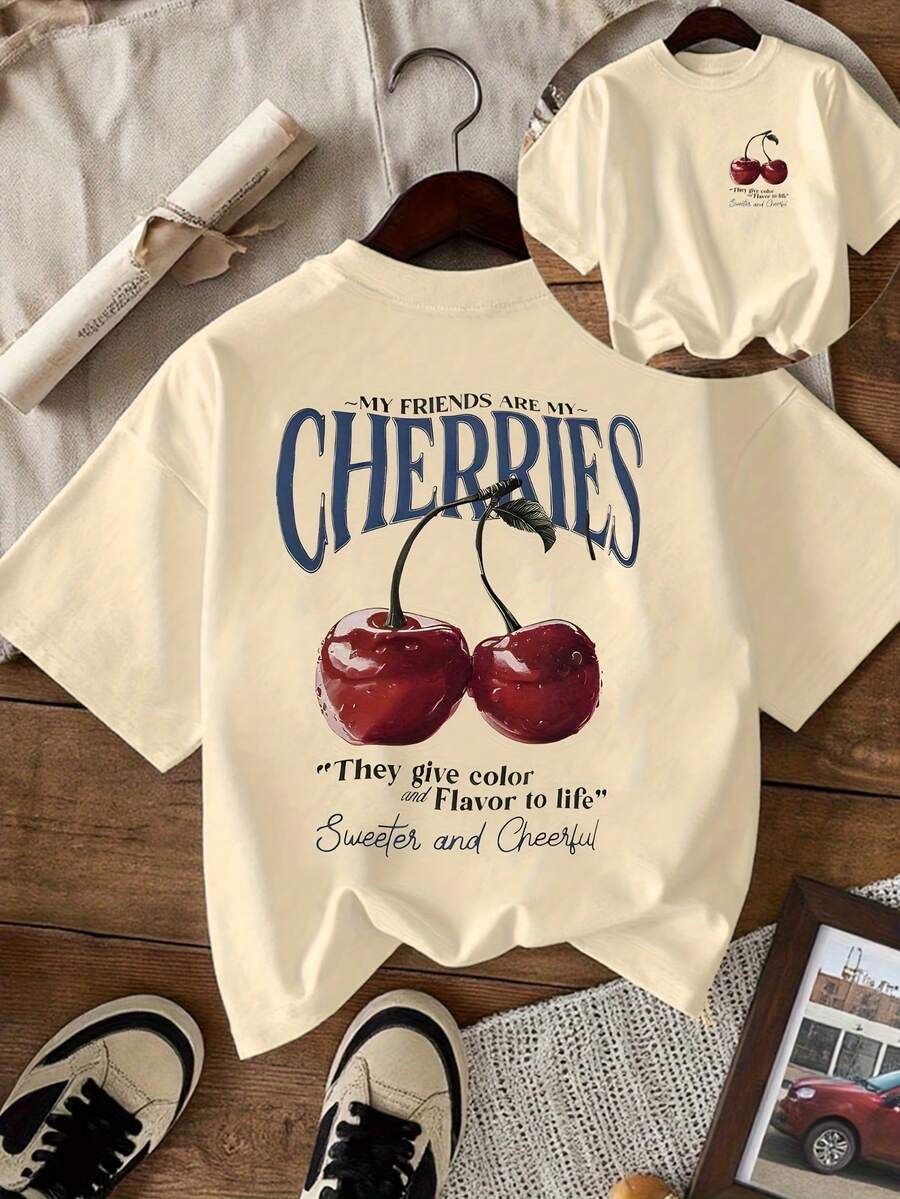 Nueva camiseta de mujer para primavera y verano con cuello redondo, estampado de cerezas de dibujos animados y estampado de letras sencillas, de manga corta, casual, cómoda y elegante, la opción ideal para los días en que no sabes qué ponerte. - Albaricoque - Ver 1