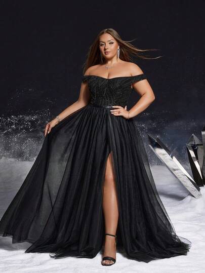 VIPGIRL Plus Size Elegant Black Off-Shoulder Beaded Sheer Evening Dress, High Slit Design, Women's Formal Party Dress, Elegant Party Dress, Ball Gown, Formal Gown