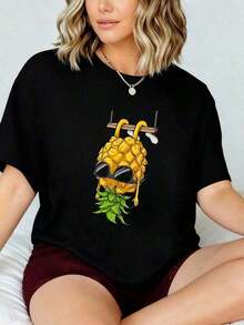 Camiseta de piña de dibujos animados que se balancea, camiseta de piña invertida 2026, nueva camiseta impresa para mujeres, camiseta de otoño para mujeres, camiseta de invierno, camiseta de para mujeressummer - Negro - Ver 6
