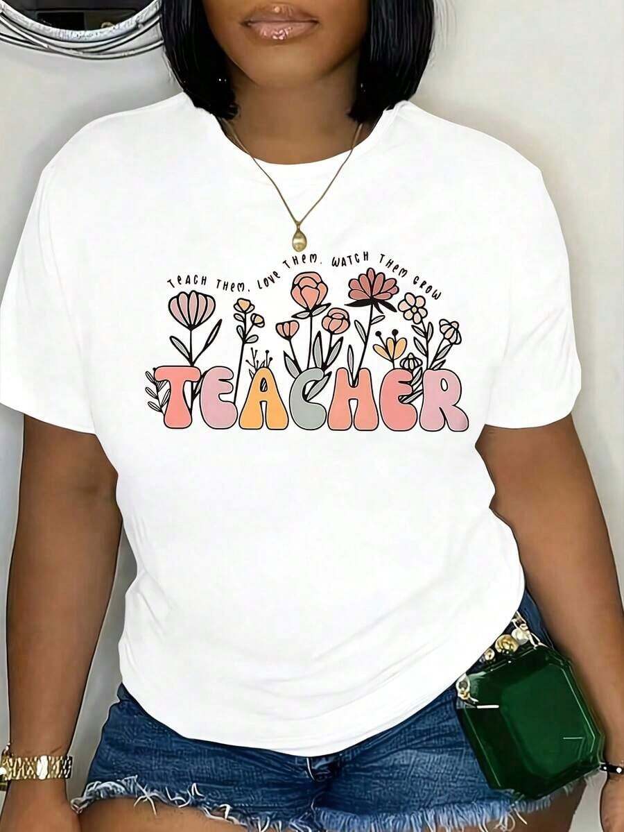 Modern Minimalist Floral Print T-Shirt For Teachers: "Teach Them, Love Them, Watch Them Grow." Short Sleeve, Crew Neck, For Teachers And Education Lovers. Casual For Everyday Wear. - 白色 - 查看 1