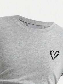 Young Girl Heart Print Long Sleeve Top And Loose Long Pants - Grey - View 3