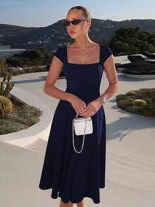 Vestido largo invierno estilo francés liso ajustado con tirantes cremallera y lazos traseros elegante moda para mujer - Azul Marino - Ver 6