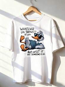 Relaxed Duck T-Shirt With "Whatever Life Throws At You" Slogan.  Short-Sleeved T-Shirt For Spring/Summer 2026, Made In Mexico, 180 Grams. Cartoon Print, Couple Design, Suitable For Indoor Or Outdoor Wear. Crew Neck, Unisex, Ideal For The Office And Leisure. One-Pack. - WH-P631577SLNDXZGY378 - 查看 1