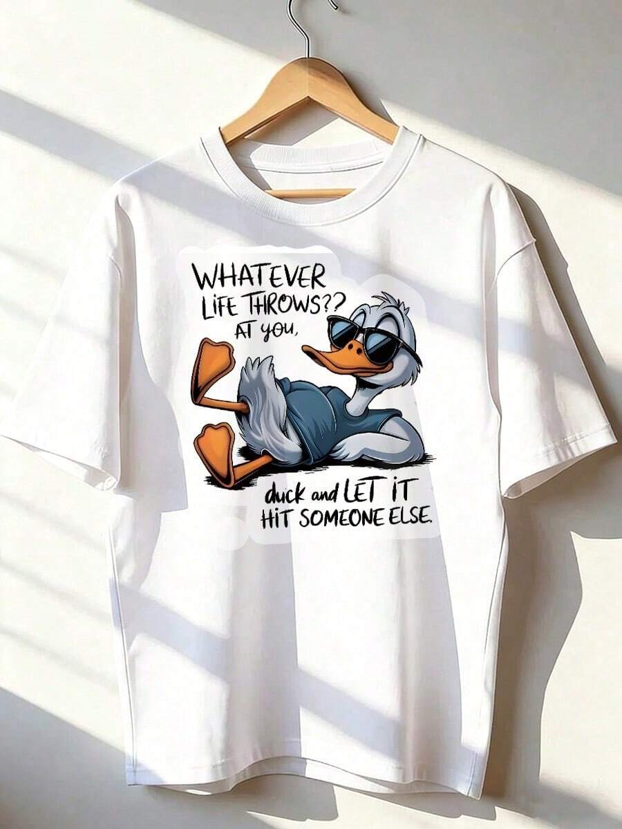 Relaxed Duck T-Shirt With "Whatever Life Throws At You" Slogan. Short-Sleeved T-Shirt For Spring/Summer 2026, Made In Mexico, 180 Grams. Cartoon Print, Couple Design, Suitable For Indoor Or Outdoor Wear. Crew Neck, Unisex, Ideal For The Office And Leisure. One-Pack. - WH-P631577SLNDXZGY378 - 查看 1