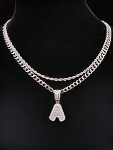 Bộ 2 món: 1 mặt dây chuyền chữ cái đính đá Cubic Zirconia & 2 dây chuyền thép không gỉ, 26 chữ cái tiếng Anh, Dây chuyền mặt dây chuyền phong cách hip hop cổ điển dành cho nữ, Thích hợp đeo hàng ngày hoặc dự tiệc, Quà tặng ngày Valentine - Bạc - Xem 4