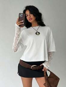 Women's Solid Color T-Shirt With Minimalist Lace Sleeves For Everyday Wear - 白色的 - 查看 7