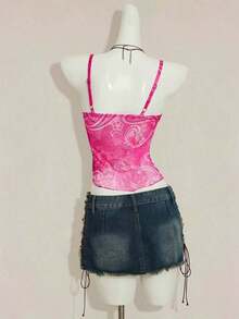 ICON Camisola Ajustada con Cuello en V y Volantes, Estampado Paisley Teal, Estilo Bohemio Retro Sexy Y2K para Mujer - Rosa - Ver 2