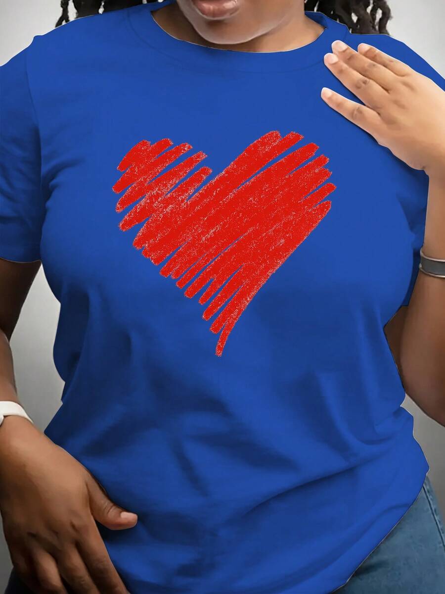 Women's Fun Short-Sleeved T-Shirt With "Painted Heart" Print, Made Of Soft And Breathable Polyester Fiber, Medium Elasticity, Machine Washable, Casual Short-Sleeved T-Shirt With Round Neck And Print, Women's Clothing, Versatile Top For Everyday Wear In Summer. - 藍色 - 查看 1