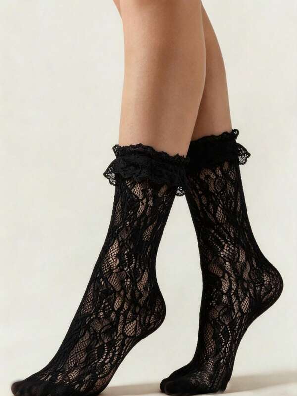 1 Pair Women's Black Lace Calf-High Socks, Summer Thin Breathable, Ruffle Trim, Sweet Lolita Style, For Daily & Cosplay