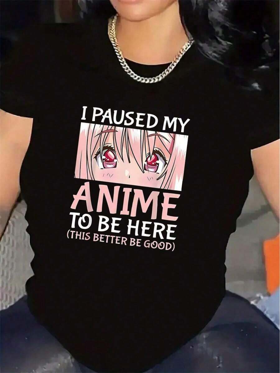 1psc100% Cotton Summer Casual Short Sleeve T Shirt For Women, I Paused My Anime To Be Here Funny Otaku Anime Girl Graphic Summer Daily Loose Tee, Soft Cool Basic Summer Top, Perfect For Summer Daily Wear, Summer Aesthetic Outfits And Anime Fan Summer Casual Looks100%Cotton - Black - View 1