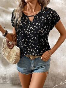 Camisa de mujer con estampado total, versátil para uso casual diario de manga corta - Negro - Ver 3