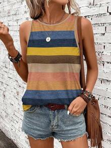 Camiseta de tirantes holgada de verano para mujer, estampado de patrón de correa de mezclilla, elegante y versátil, apta para uso casual, vacaciones y paseos, con un estilo minimalista y retro - Multicolor 2 - Ver 4