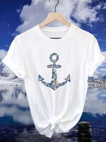 Women's Vintage Nautical Anchor Print T-Shirt - American Urban Style, Crew Neck, Short Sleeve, Suitable For Casual Wear, A Gift For Mom And Girlfriend - Nautical Themed T-Shirt, Machine Washable, Vintage Style - 白色 - 查看 1