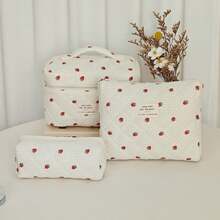 Stylish Quilted Strawberry Dot Design Makeup Pouch, A Fashionable And Portable Storage Solution. This Multifunctional Bag Offers Ample Space For Travel Essentials, Including Toiletries, A Tote For Your Phone, And Compartments For Coins And Small Items - Multicolor - View 2