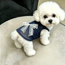 1pc Pet Dog Clothes, Navy Blue With White Mesh Bow Decor, Mesh Fabric, Sweet Style Vest, Suitable For Cats And Small Dogs, Spring/Summer - Multicolor - View 7