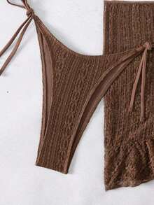 Conjunto de bikini de 3 piezas con tapa de falda, estilo de vacaciones en la playa, para mujer, con bikini halter sin espalda y encaje sexy - Café integral - Ver 7