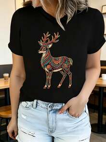 Women's Soft Printed Short Sleeve Summer T-Shirt With Eagle Design, Stylish And Casual, Machine Washable, Comfortable Fit, 2D Flat Print, Elegant Blouses For Women. - 黑色3 - 查看 7