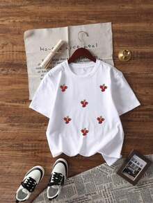 180 g Hecho en México, Moda Primavera/Verano 2026 Camiseta de manga corta, Estampado de dibujos animados, Estilo para parejas, Ropa interior/exterior, Cuello redondo informal para la oficina, Top unisex de una pieza - Blanco - Ver 2