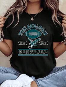 New Unisex Summer Casual Short Sleeve T-Shirt With Urban Football Eagle Print For Match Day, Comfortable Wear, Perfect Gift For Fans -220g- Unisex Loose Cotton Short Sleeve Crew Neck T-Shirt Vintage Urban Style - 黑色 - 查看 6