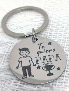1pc Sweet & Warm Silver Round Metal Spanish Key Chain, Suitable For Bag & Car Key Decoration, Father's Day Gift - Silver - View 6