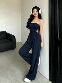 Women's Off-The-Shoulder And Open-Back Jumpsuit For Summer - Black - View 3