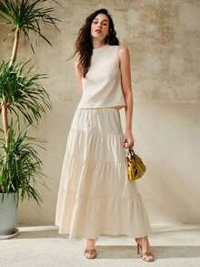 Conjunto de 2 piezas de top sin mangas elegante para vacaciones y falda casual tejida para mujer - Albaricoque - Ver 7
