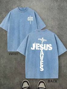 Jesus Graphic Print T-Shirt 'God Has A Plan', Double-Sided Print, Washed T-Shirt, Party Favors, Y2K Graphic Tees For Men, Vintage Washed Style T-Shirts - Blue 1 - View 2